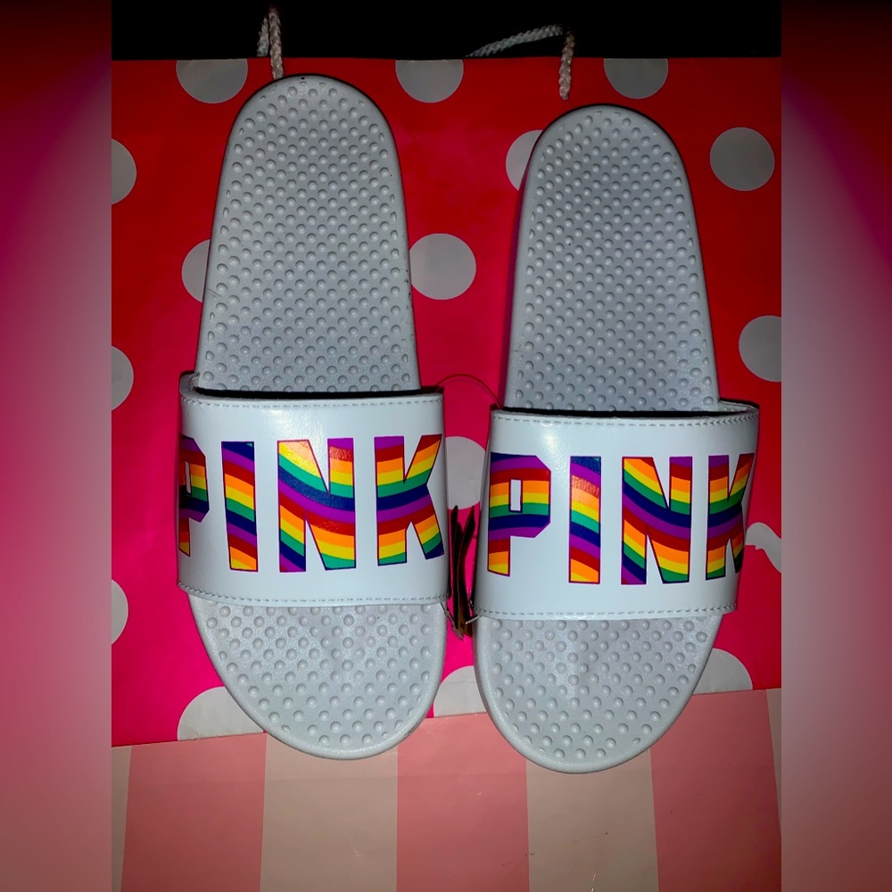 NWT VS PINK SIZE LARGE 9/10 RAINBOW LOGO SLIDES.